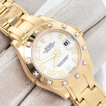 Rolex Pearlmaster Lady-Datejust Factory 12 Diamond Bezel White Roman Dial Yellow Gold 29mm Watch 80318