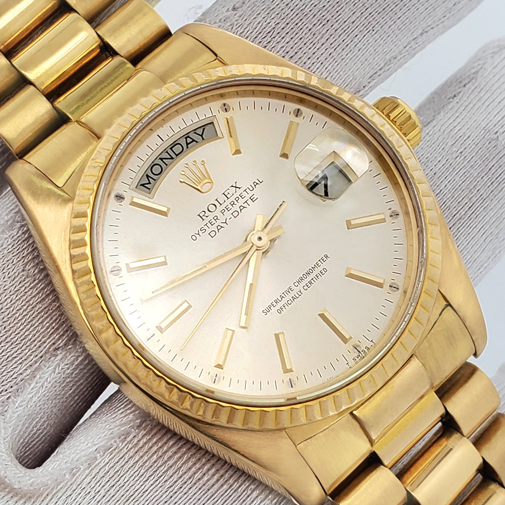 Rolex President Day-Date 36mm Silver Index Dial Yellow Gold 18038 Watch Box Papers