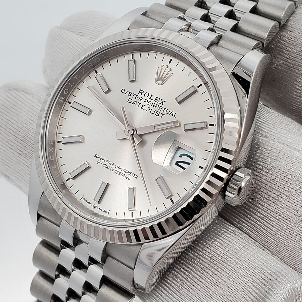 2023 Rolex Datejust 36mm Silver Index Fluted White Gold/Steel Jubilee Watch 126234 Box Papers