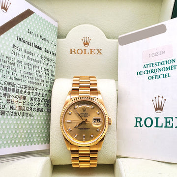 1995 Rolex President Day-Date Factory Diamond Dial Double-Quick Yellow Gold 36mm Watch 18238 Box/Papers/Service Papers