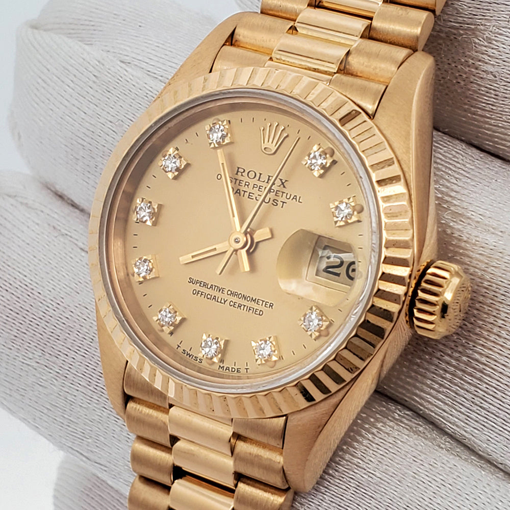 Rolex President Datejust 26mm Factory Diamond Yellow Gold Ladies Watch 69178 Box Papers