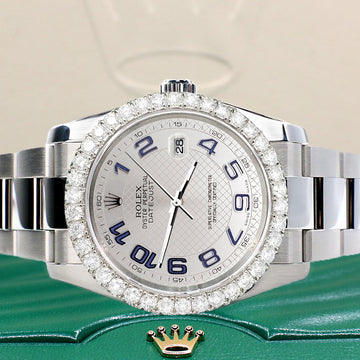 Rolex Datejust 116200 36mm 2.7ct Diamond Bezel/Silver Decorated Blue Arabic Dial Steel Oyster Watch