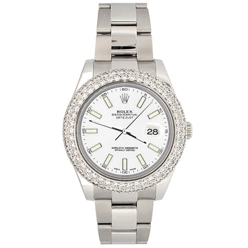 Rolex Datejust II 41mm 6.25ct Dome Diamond Bezel/White Index Dial Steel Watch 116300 Box Papers