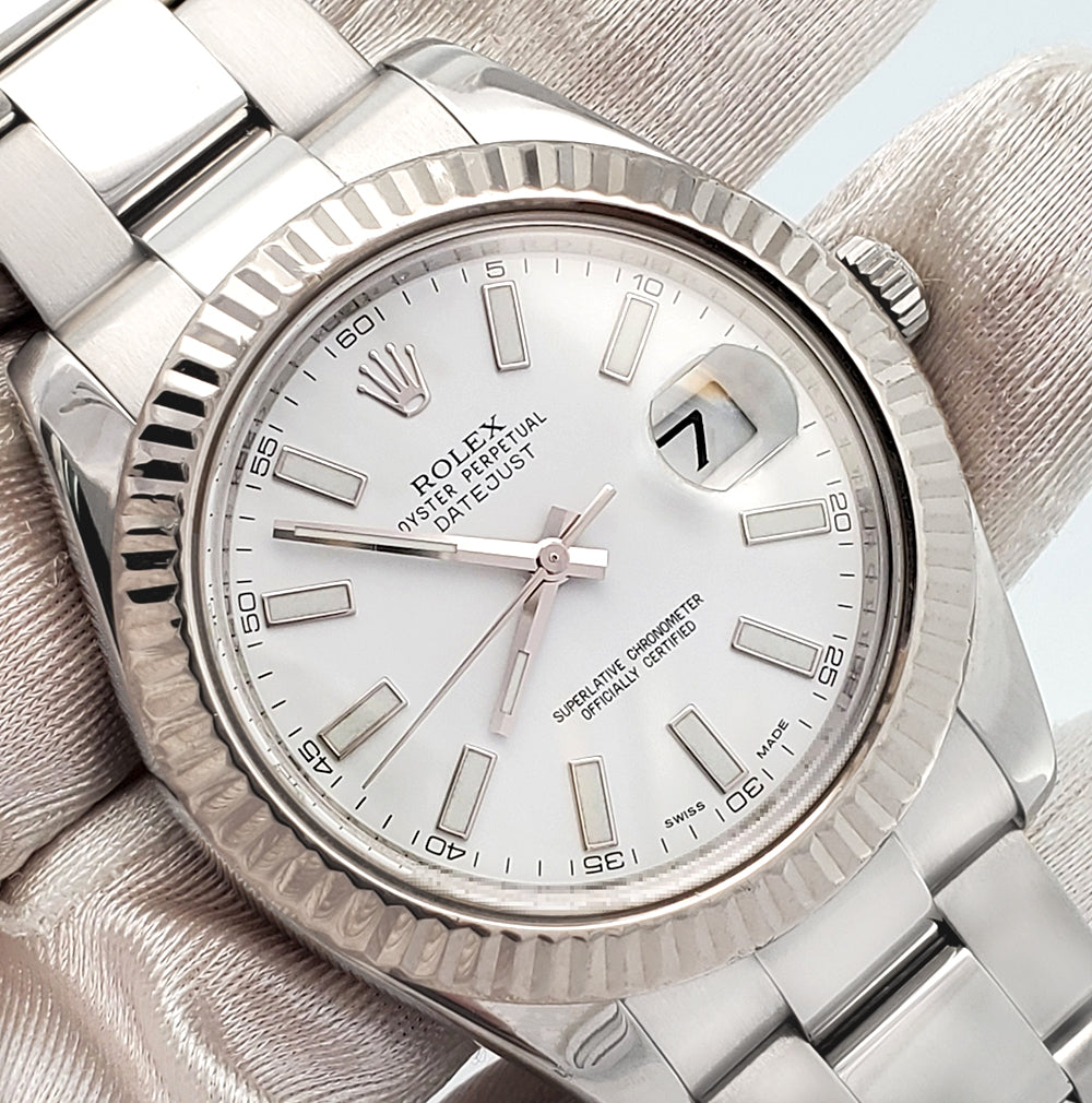 Rolex Datejust II 41mm 116334 White Index White Gold Fluted Bezel Steel Watch Box Papers