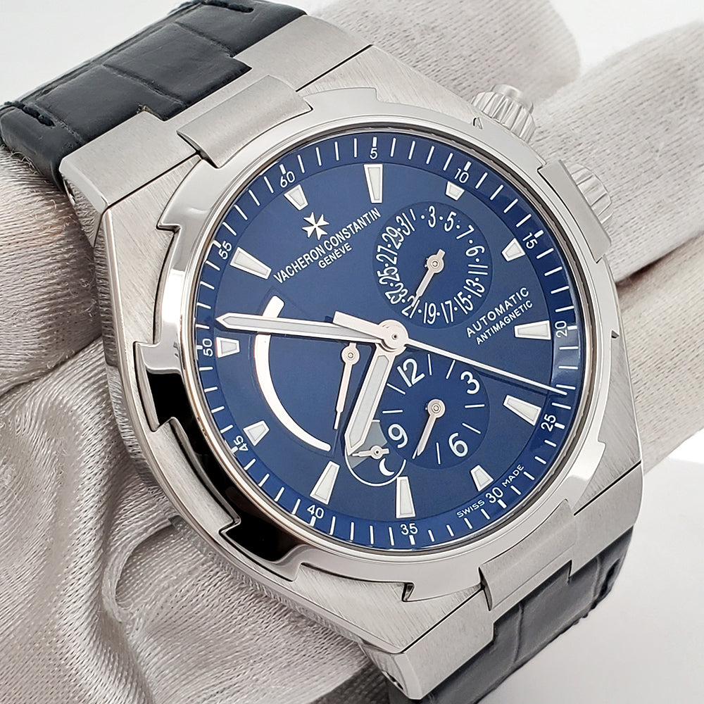 Vacheron Constantin Overseas Dual Time 42mm Blue Dial Titanium Bezel Chronograph Steel Watch 47450 Full Set