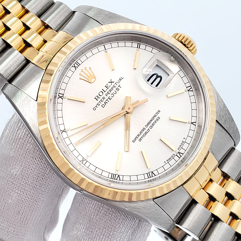 Rolex Datejust 36mm 16233 Silver Index Dial 2-tone Yellow Gold/Steel Jubilee Watch