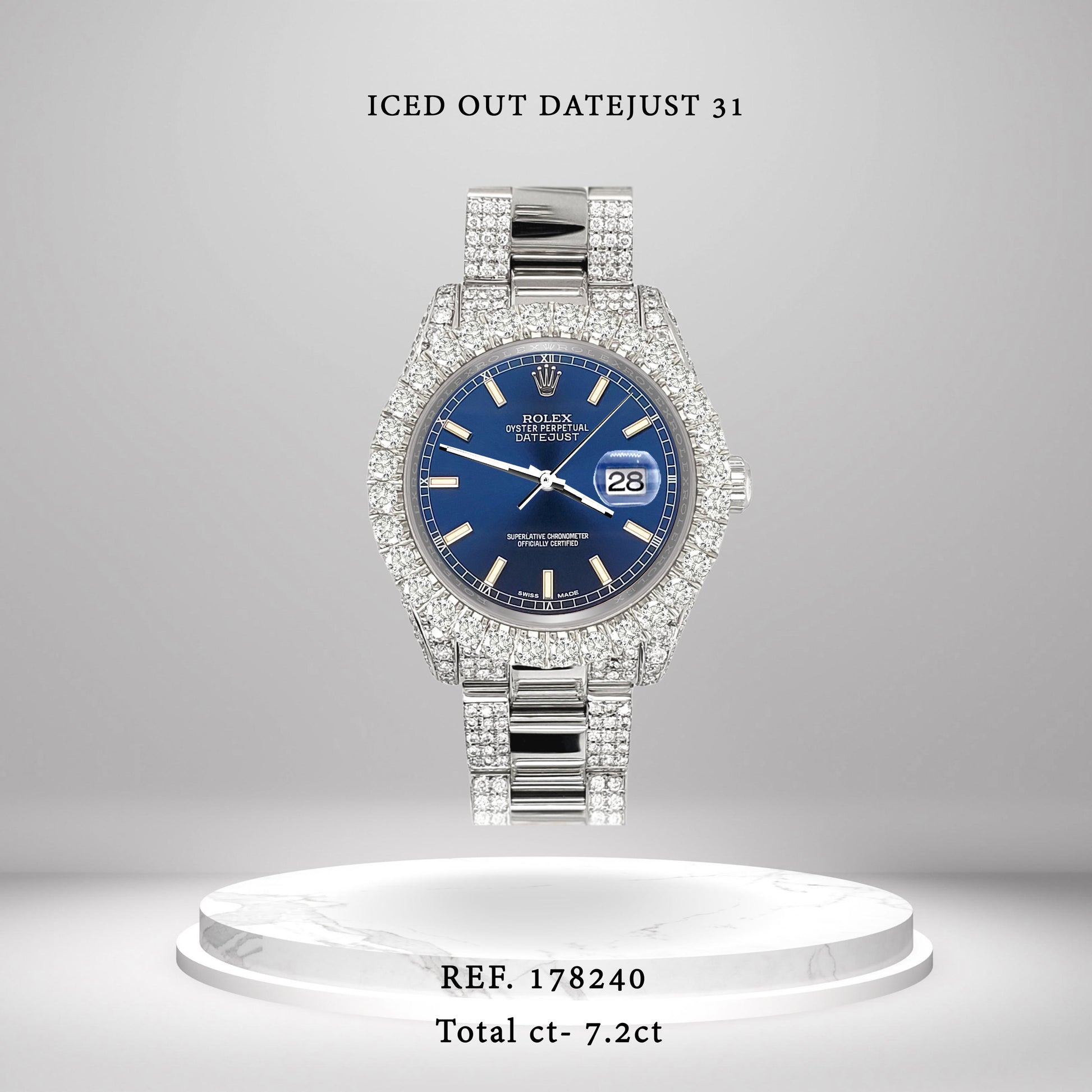 Rolex Datejust 31mm Blue Index Pave 7.2ct Iced Diamond Watch 178240