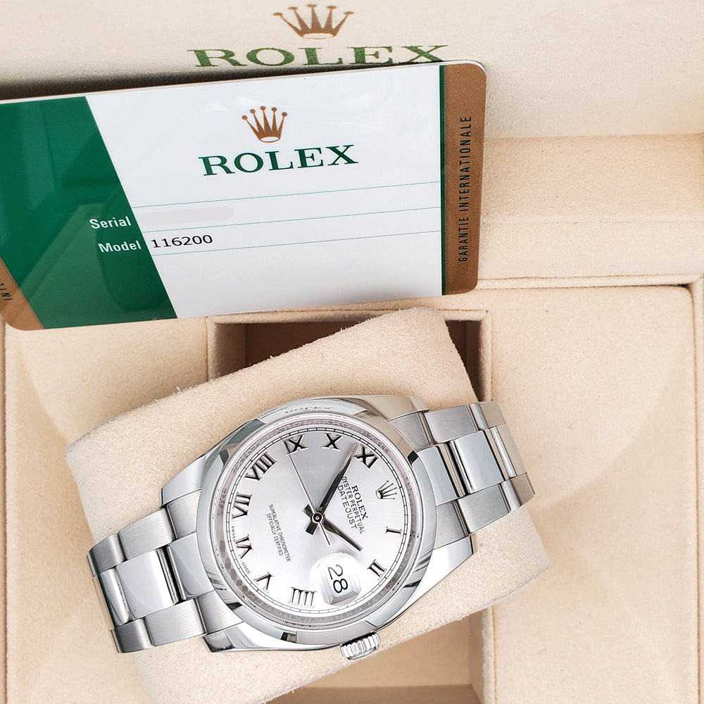 Rolex Datejust 36mm Gray Roman Steel Jubilee Watch 116200 Box Papers