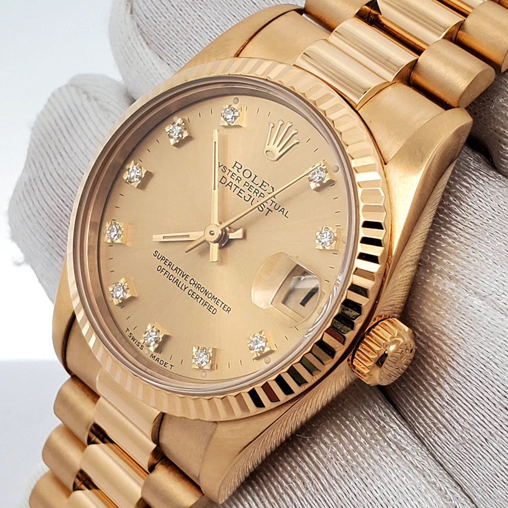 Rolex President Datejust 31mm Factory Champagne Diamond Yellow Gold midsize Watch 68278 Box Papers