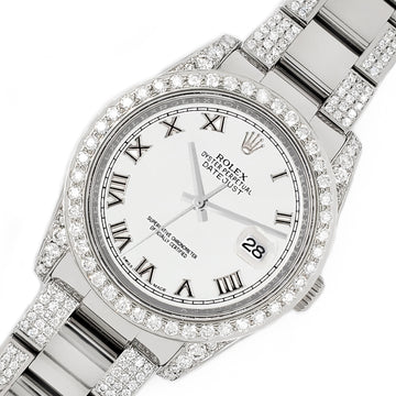 Rolex Datejust 36mm 5.9ct Diamond Bezel/Lugs/Bracelet/White Roman Dial Steel Watch 116200 Box Papers