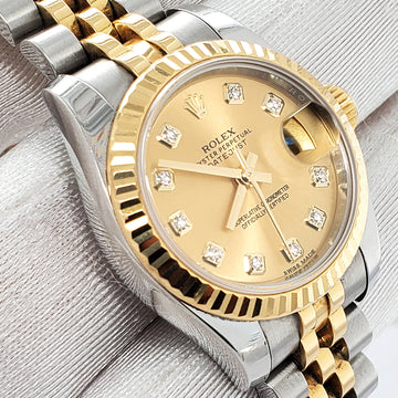 Rolex Datejust 26mm 179173 Factory Champagne Diamond Dial Yellow Gold Fluted Bezel Watch Box Papers