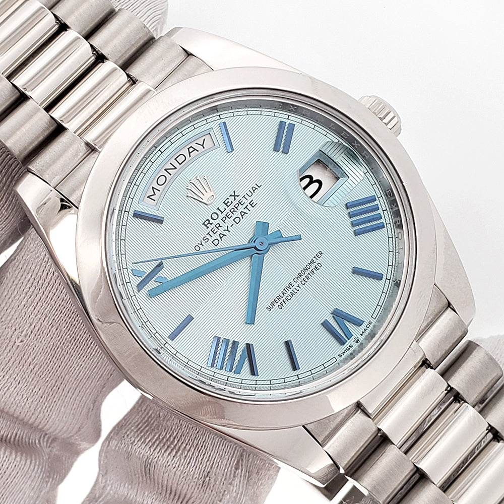 2020 Rolex President Day-Date Ice Blue Quadrant Motif Roman Dial Platinum 40mm Watch 228206 Box Papers