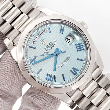 2020 Rolex President Day-Date Ice Blue Quadrant Motif Roman Dial Platinum 40mm Watch 228206 Box Papers