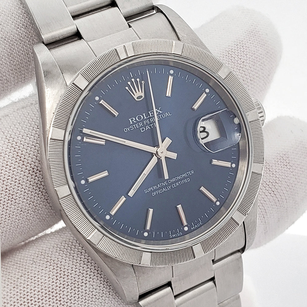 Rolex Date 15210 34mm Blue Index Dial Steel Oyster Watch