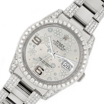 Rolex Datejust 36mm 5.9ct Diamond Bezel/Lugs/Bracelet/Silver Floral Dial Steel Watch 116200 Box Papers