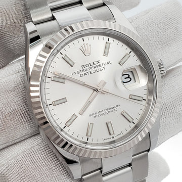 2023 Unworn Rolex Datejust 36mm 126234 Silver Index White Gold Fluted Bezel Steel Watch Box Papers