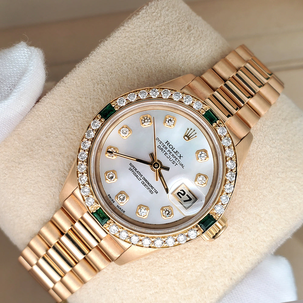 Rolex President Ladies 26mm Factory Diamond MOP Dial Yellow Gold Watch Custom Diamond Bezel 69178