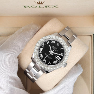 Rolex Datejust 178240 31mm Black Sunbeam Roman Dial 2.25ct Diamond Bezel Steel Watch