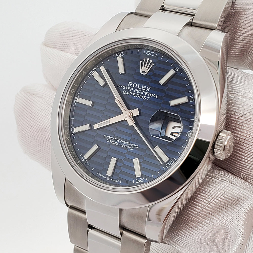 Unworn Rolex Datejust 41 126300 Blue Motif Dial Stainless Steel Oyster Watch 2023 Box Papers