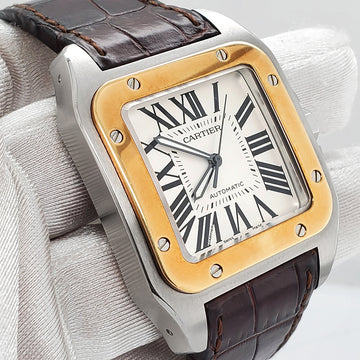 Cartier Santos 100 38mm Yellow Gold/Steel Silver White Dial Mens Watch 2656 W20072X7