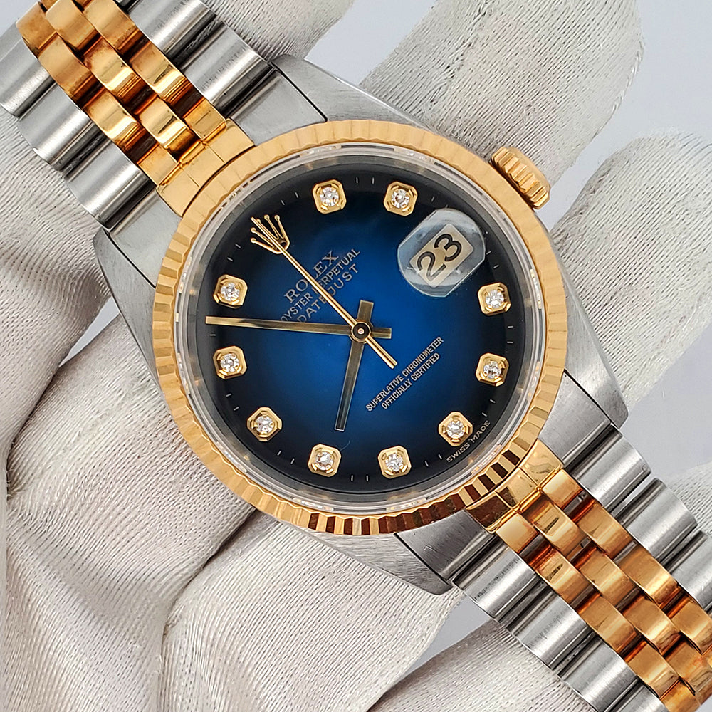 Rolex Datejust 36mm Factory Blue Vignette Diamond Yellow Gold/Steel Watch 16233