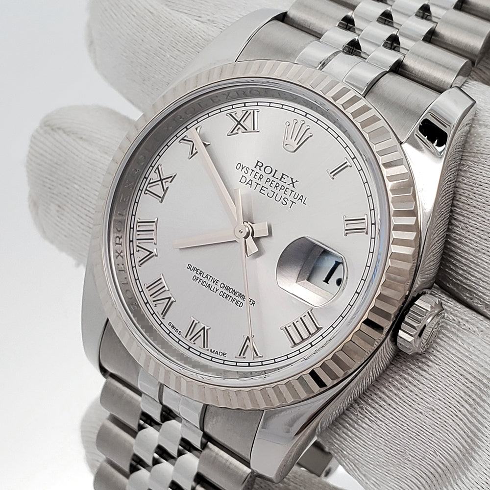 Rolex Datejust 36mm Silver Roman White Gold Fluted Bezel Steel Jubilee Watch 116234 Box Papers