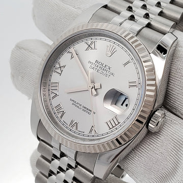 Rolex Datejust 36mm Silver Roman White Gold Fluted Bezel Steel Jubilee Watch 116234 Box Papers