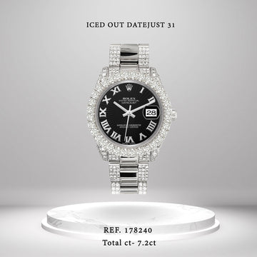 Rolex Datejust 31mm Black Sunbeam Roman Dial Pave 7.2ct Iced Diamond Watch 178240
