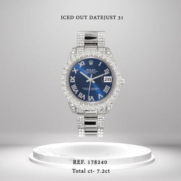Rolex Datejust 31mm Blue Roman Pave 7.2ct Iced Diamond Watch 178240