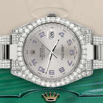 Rolex Datejust II 41mm 10.3CT Diamond Bezel/Case/Bracelet/Silver Arabic Dial Steel Watch 116300 Box Papers