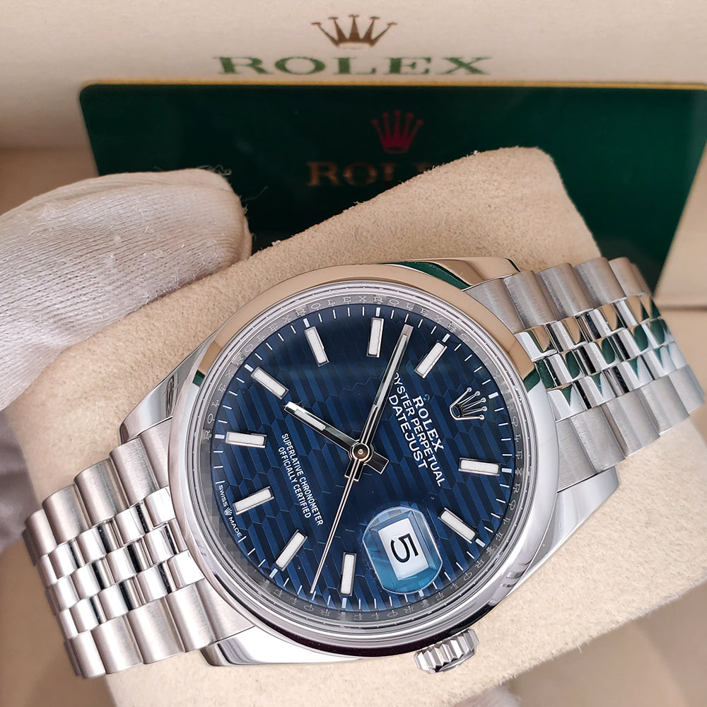 2022 Rolex Datejust 36mm 126200 Blue Motif Steel Jubilee Watch Box Papers