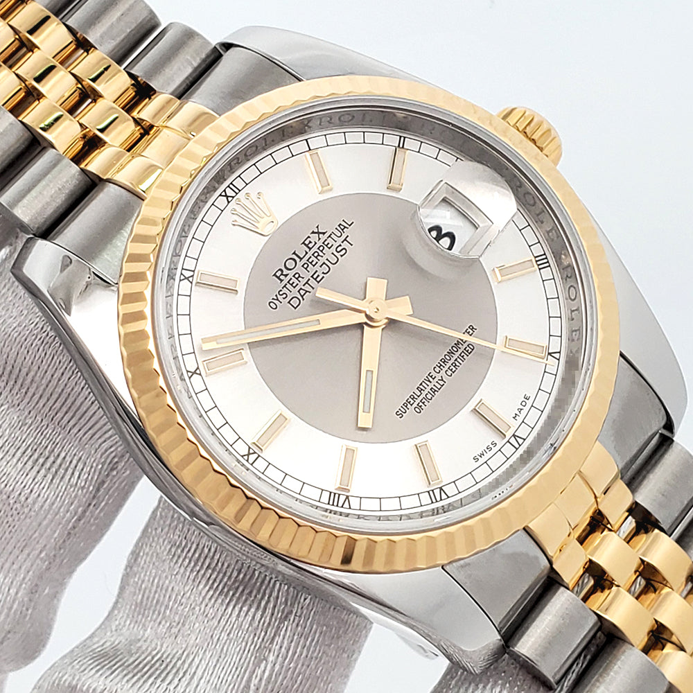 Rolex Datejust 36mm Silver Tuxedo 2-tone Yellow Gold/Steel 116233 Jubilee Watch Box/Apr