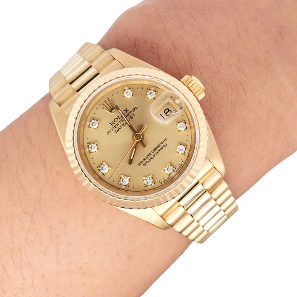 Rolex President 26mm Factory Champagne Diamond Dial Yellow Gold Watch 69178