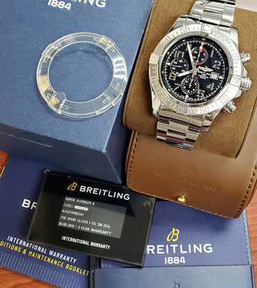 Breitling Super Avenger II Black Arabic Chronograph 48mm Steel Watch A13371 Box Papers