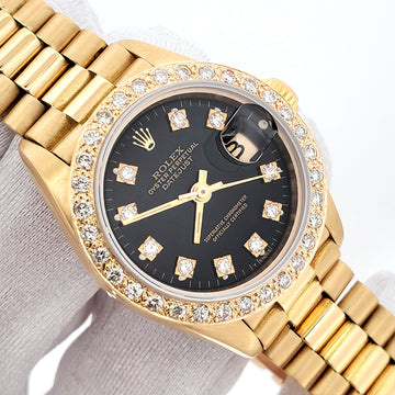 Rolex President Datejust 69178 Factory Black Diamond Dial/Custom Bezel Yellow Gold 26mm Watch