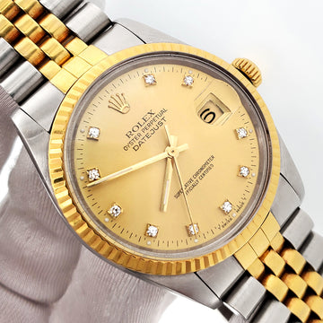 Vintage Rolex Datejust Factory Champagne Diamond Dial Gold/Steel 36mm Watch 16013
