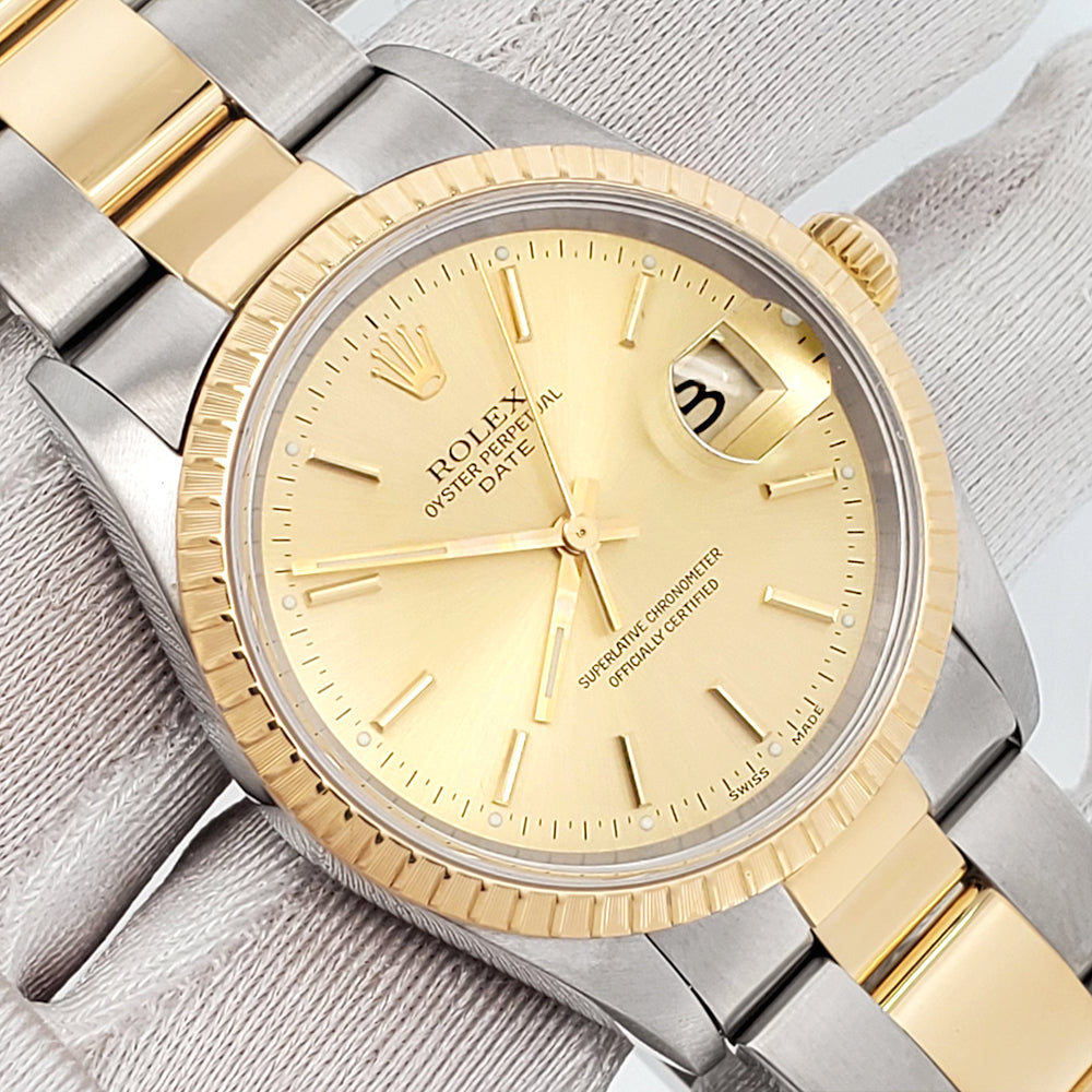 Rolex Date 34mm 2-Tone Yellow Gold/Steel Champagne Dial Oyster 15223 Watch Box Papers