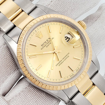 Rolex Date 34mm 2-Tone Yellow Gold/Steel Champagne Dial Oyster 15223 Watch Box Papers
