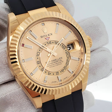 Rolex Sky-Dweller 42mm 326238 Champagne Dial Oysterflex Strap Yellow Gold Watch 2022 Box Papers