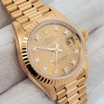 Rolex President Ladies 26mm Factory Champagne Diamond Dial Yellow Gold Watch 69178