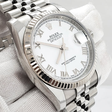 Rolex Datejust 36mm White Roman Dial White Gold Fluted Bezel Steel Jubilee Watch 116234 Box Papers