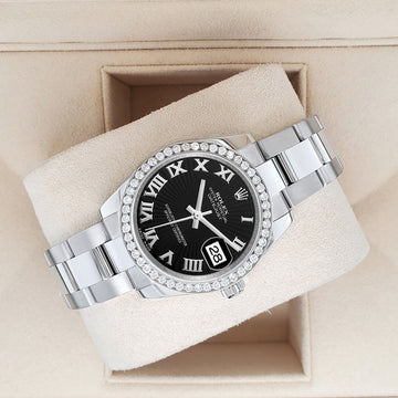 Rolex Datejust Midsize 31mm 178240 Black Sunbeam Roman Dial Watch With 0.95ct Diamond Bezel