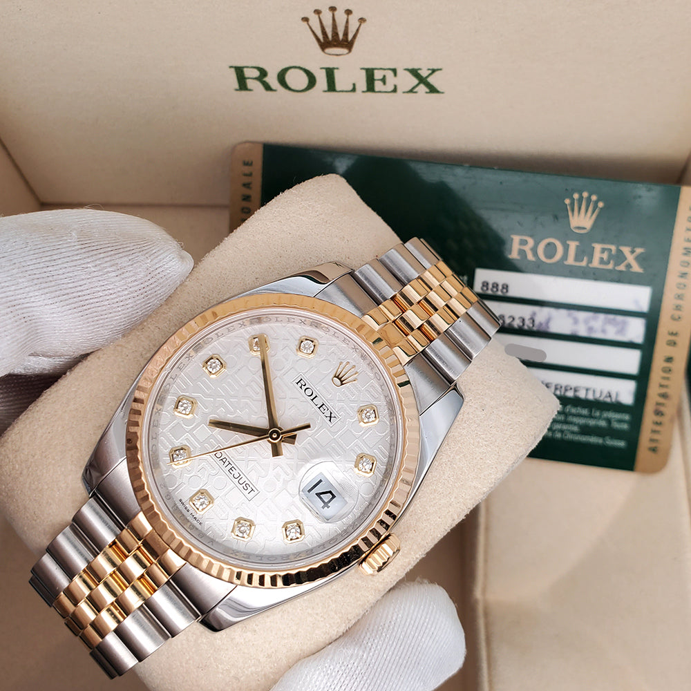 Rolex Datejust 36mm 116233 Silver Jubilee Diamond 2-tone Yellow Gold/Steel Jubilee Watch Box Papers