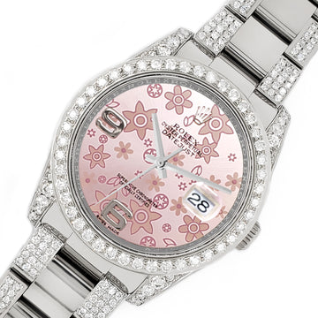 Rolex Datejust 36mm 5.9ct Diamond Bezel/Lugs/Bracelet/Pink Floral Dial Steel Watch 116200 Box Papers