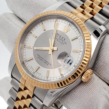 Rolex Datejust 36mm Silver Tuxedo 2-tone Yellow Gold/Steel Watch 116233 Jubilee Box Papers