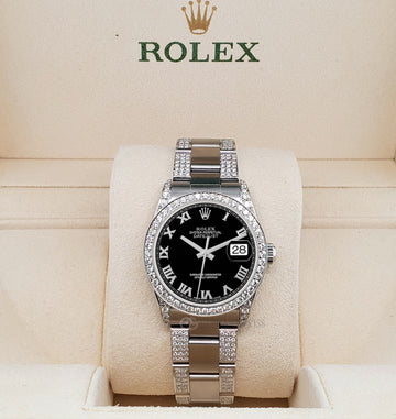 Rolex Datejust Midsize 31mm Black Roman Dial 3.5ct Diamond Bezel/Lugs/Bracelet Oyster Watch