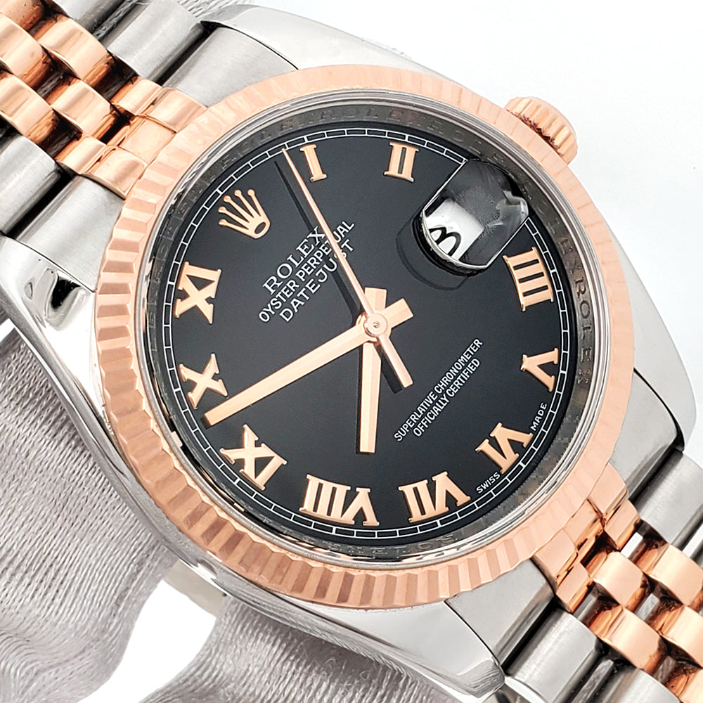Rolex Datejust 36mm Black Roman Dial Rose Gold/Steel Jubilee Watch 116231