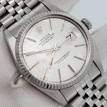 Rolex Datejust 36mm Silver Linen Index Dial White Gold Fluted Bezel Steel Jubilee Watch 16014
