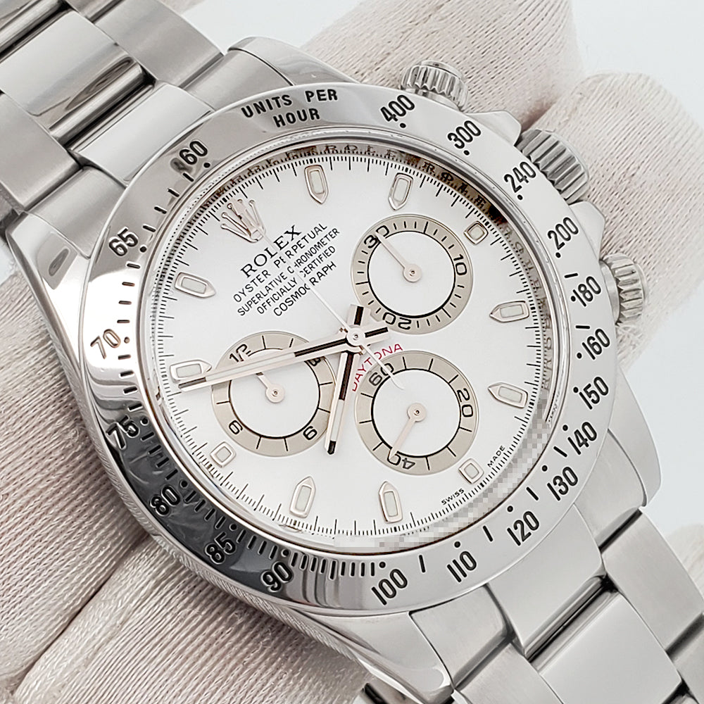 Rolex Cosmograph Daytona White Dial Engraved Rehaut 116520 Steel 40mm Watch Box Papers