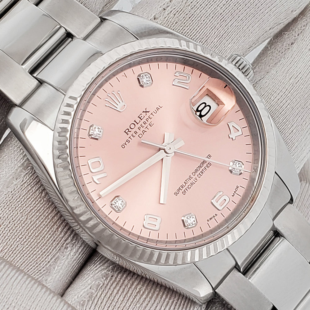 Rolex Factory Salmon Diamond Oyster Perpetual Date 34mm White Gold Fluted Bezel Steel Watch 115234